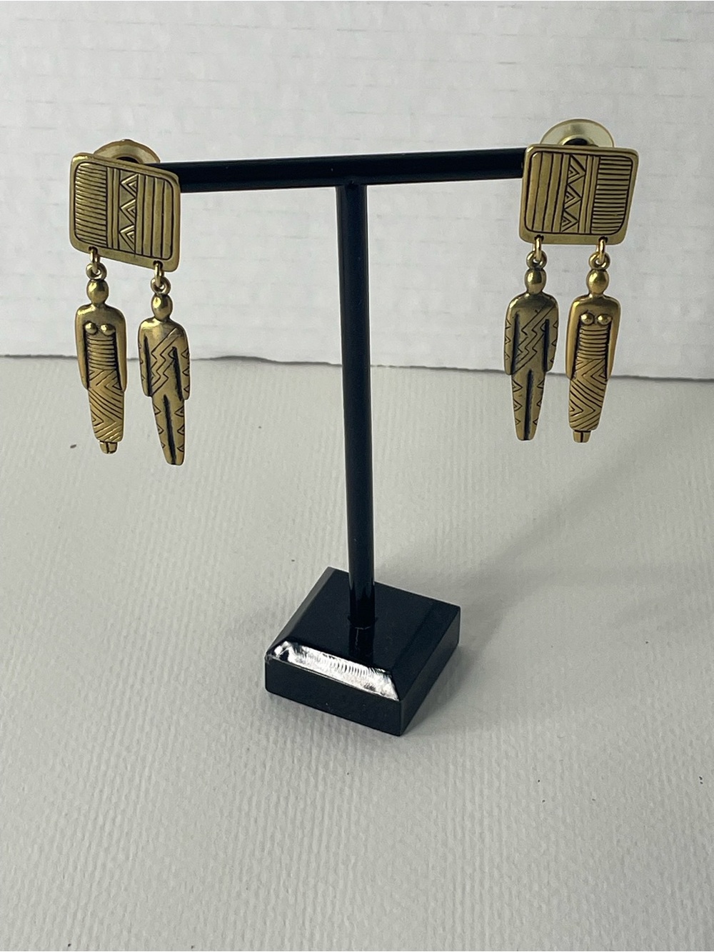 Laural Burch Earrings Tribe of Mankind 2.5” Man & Woman Gold Tone Aged Patina